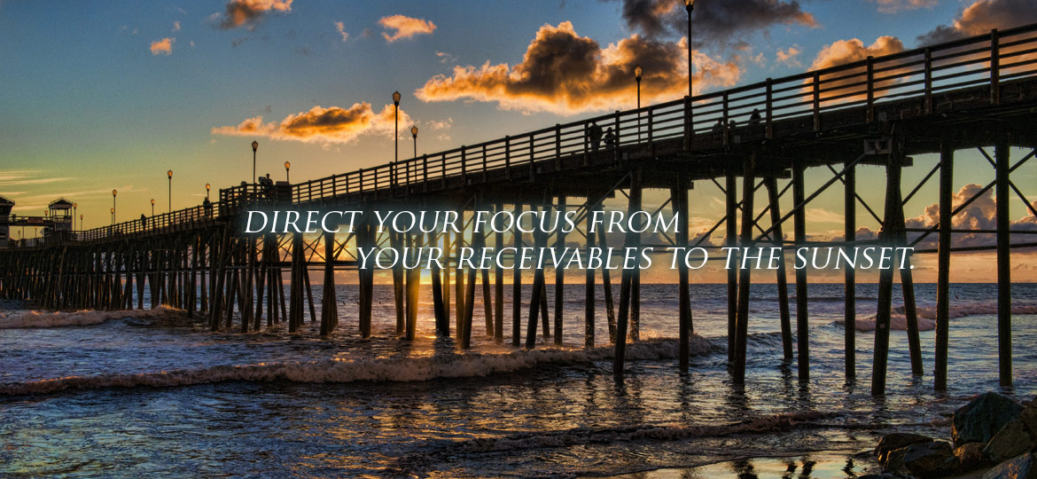 Dusk pier at ocean view. Overlay text: Direct your focus from your receivables to the sunset.
